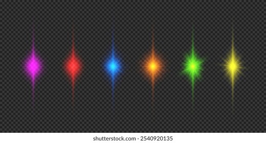 Lichteffekt von Linsenfackeln. Sechs mehrfarbige glühende Licht Sternenhimmel Effekte mit funkelt auf grauem transparentem Hintergrund. Vektorgrafik