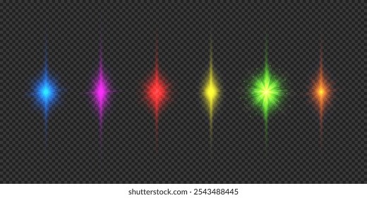 Efecto de luz de los destellos de la lente. Seis efectos de luz brillante multicolor con destellos sobre un fondo gris transparente. Ilustración vectorial