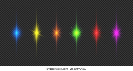 Efecto de luz de los destellos de la lente. Seis efectos de luz brillante multicolor con destellos sobre un fondo gris transparente. Ilustración vectorial