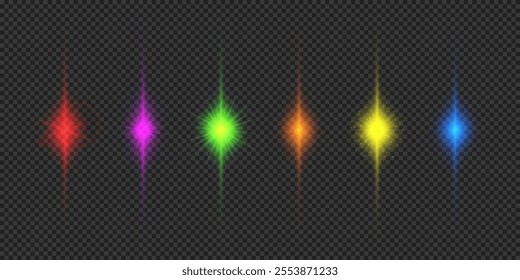 Light effect of lens flares. Six multicolor glowing light starburst effects with sparkles on a grey transparent background. Vector illustration