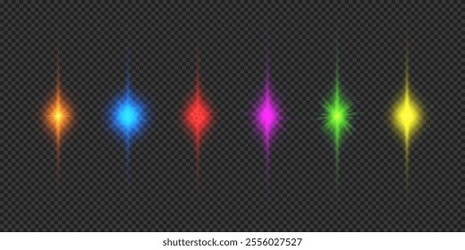 Light effect of lens flares. Six multicolor glowing light starburst effects with sparkles on a grey transparent background. Vector illustration
