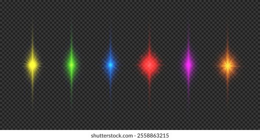 Light effect of lens flares. Six multicolor glowing light starburst effects with sparkles on a grey transparent background. Vector illustration