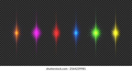 Light effect of lens flares. Six multicolor glowing light starburst effects with sparkles on a grey transparent background. Vector illustration