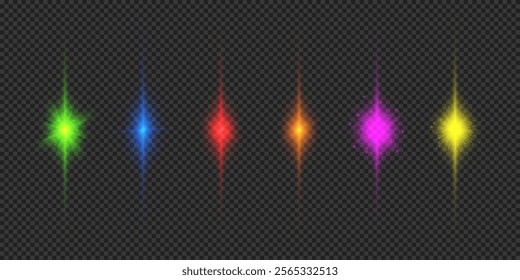 Light effect of lens flares. Six multicolor glowing light starburst effects with sparkles on a grey transparent background. Vector illustration