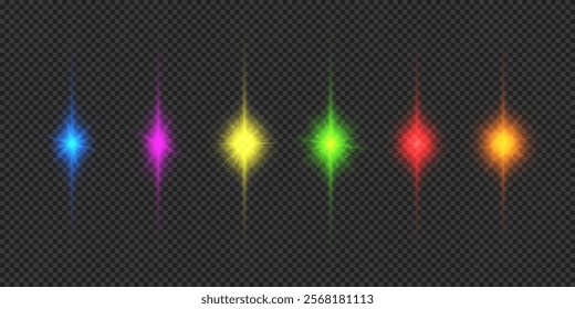 Light effect of lens flares. Six multicolor glowing light starburst effects with sparkles on a grey transparent background. Vector illustration