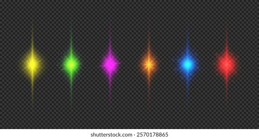 Light effect of lens flares. Six multicolor glowing light starburst effects with sparkles on a grey transparent background. Vector illustration