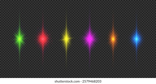 Light effect of lens flares. Six multicolor glowing light starburst effects with sparkles on a grey transparent background. Vector illustration