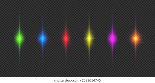 Light effect of lens flares. Six multicolor glowing light starburst effects with sparkles on a grey transparent background. Vector illustration