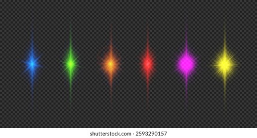 Light effect of lens flares. Six multicolor glowing light starburst effects with sparkles on a grey transparent background. Vector illustration