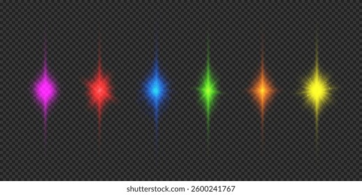 Light effect of lens flares. Six multicolor glowing light starburst effects with sparkles on a grey transparent background. Vector illustration