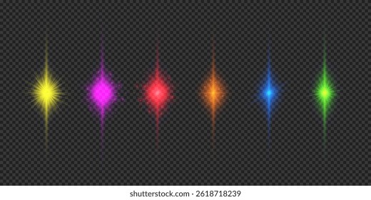 Light effect of lens flares. Six multicolor glowing light starburst effects with sparkles on a grey transparent background. Vector illustration