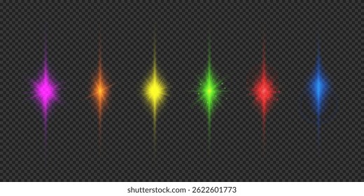 Light effect of lens flares. Six multicolor glowing light starburst effects with sparkles on a grey transparent background. Vector illustration