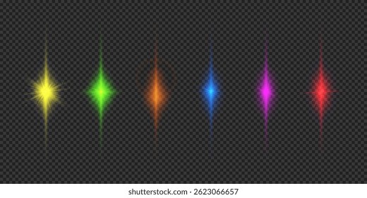 Efeito de luz de clarões de lente. Seis efeitos luminosos brilhantes multicoloridos com brilhos em um fundo cinza transparente. Ilustração vetorial