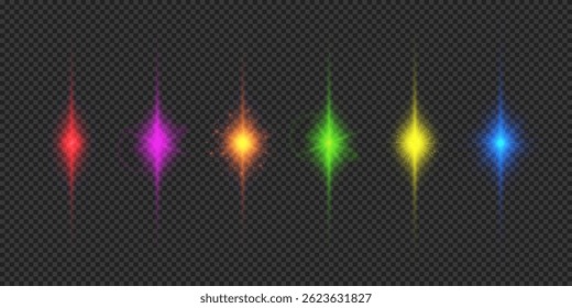 Efecto de luz de los destellos de la lente. Seis efectos de luz brillante multicolor con destellos sobre un fondo gris transparente. Ilustración vectorial