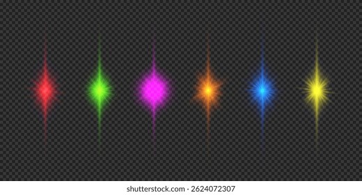 Light effect of lens flares. Six multicolor glowing light starburst effects with sparkles on a grey transparent background. Vector illustration