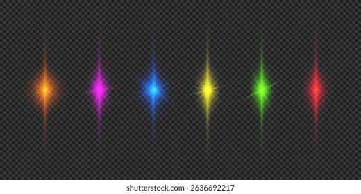 Light effect of lens flares. Six multicolor glowing light starburst effects with sparkles on a grey transparent background. Vector illustration