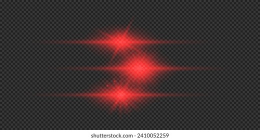 Efecto luminoso de las bengalas de la lente. Tres efectos de arranque de luz horizontal brillante rojo con destellos sobre un fondo transparente gris. Ilustración del vector