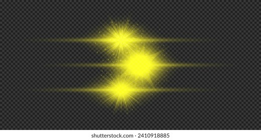 Efecto luminoso de las bengalas de la lente. Tres efectos iniciales de luz amarilla horizontal brillante con destellos sobre un fondo transparente gris. Ilustración del vector