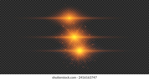 Light effect of lens flares. Three orange horizontal glowing light starburst effects with sparkles on a grey transparent background. Vector illustration