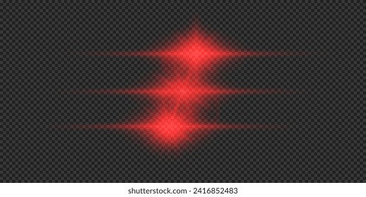 Light effect of lens flares. Three red horizontal glowing light starburst effects with sparkles on a grey transparent background. Vector illustration