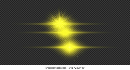 Light effect of lens flares. Three yellow horizontal glowing light starburst effects with sparkles on a grey transparent background. Vector illustration