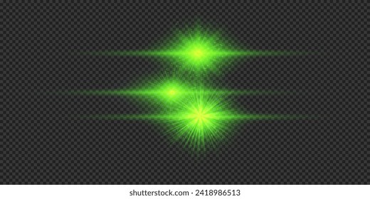 Light effect of lens flares. Three green horizontal glowing light starburst effects with sparkles on a grey transparent background. Vector illustration