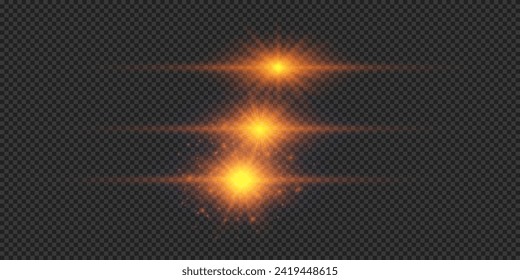 Light effect of lens flares. Three orange horizontal glowing light starburst effects with sparkles on a grey transparent background. Vector illustration