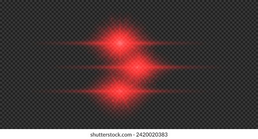Light effect of lens flares. Three red horizontal glowing light starburst effects with sparkles on a grey transparent background. Vector illustration