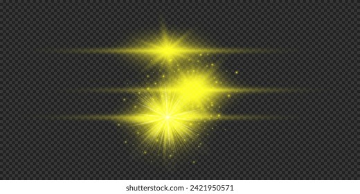 Light effect of lens flares. Three yellow horizontal glowing light starburst effects with sparkles on a grey transparent background. Vector illustration