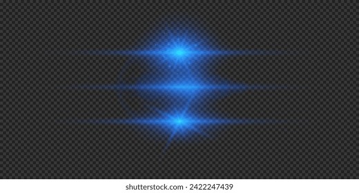 Light effect of lens flares. Three blue horizontal glowing light starburst effects with sparkles on a grey transparent background. Vector illustration