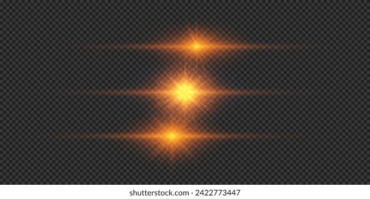 Light effect of lens flares. Three orange horizontal glowing light starburst effects with sparkles on a grey transparent background. Vector illustration