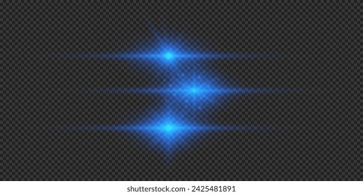 Efecto lumínico de los destellos de lente. Tres efectos de estallido de luz brillante horizontal azul con destellos sobre un fondo transparente gris. Ilustración de vector