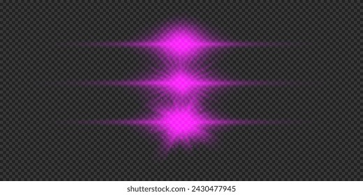 Light effect of lens flares. Three purple horizontal glowing light starburst effects with sparkles on a grey transparent background. Vector illustration