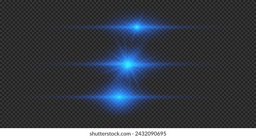 Light effect of lens flares. Three blue horizontal glowing light starburst effects with sparkles on a grey transparent background. Vector illustration