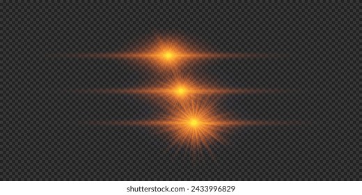 Light effect of lens flares. Three orange horizontal glowing light starburst effects with sparkles on a grey transparent background. Vector illustration