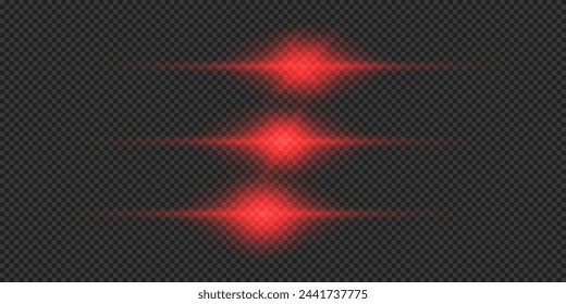 Efecto lumínico de los destellos de lente. Tres efectos de estallido de luz brillante horizontal roja con destellos sobre un fondo transparente gris. Ilustración de vector