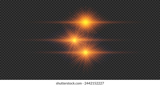 Lichteffekt von Linsenblendeffekten Drei orangefarbene horizontale leuchtende Licht starburst Effekte mit Funkeln auf einem grauen transparenten Hintergrund. Vektorgrafik