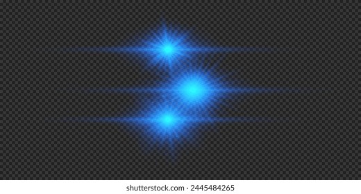 Efecto lumínico de los destellos de lente. Tres efectos de estallido de luz brillante Horizontal azul con destellos sobre un fondo transparente gris. Ilustración vectorial