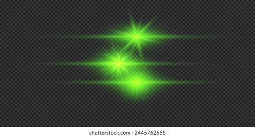 Light effect of lens flares. Three green horizontal glowing light starburst effects with sparkles on a grey transparent background. Vector illustration