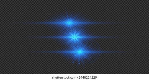 Light effect of lens flares. Three blue horizontal glowing light starburst effects with sparkles on a grey transparent background. Vector illustration