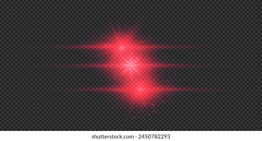 Light effect of lens flares. Three red horizontal glowing light starburst effects with sparkles on a grey transparent background. Vector illustration