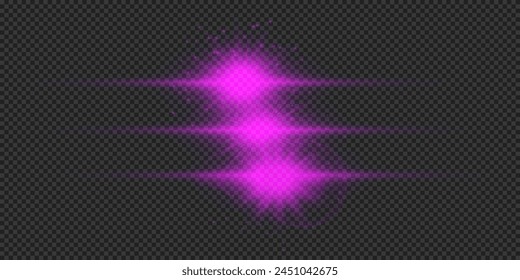 Light effect of lens flares. Three purple horizontal glowing light starburst effects with sparkles on a grey transparent background. Vector illustration