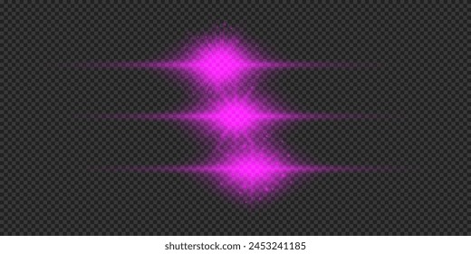 Light effect of lens flares. Three purple horizontal glowing light starburst effects with sparkles on a grey transparent background. Vector illustration
