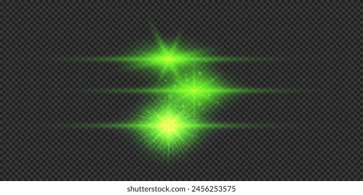 Light effect of lens flares. Three green horizontal glowing light starburst effects with sparkles on a grey transparent background. Vector illustration