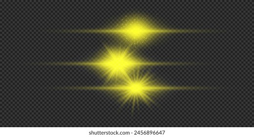 Light effect of lens flares. Three yellow horizontal glowing light starburst effects with sparkles on a grey transparent background. Vector illustration