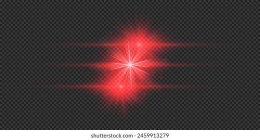 Light effect of lens flares. Three red horizontal glowing light starburst effects with sparkles on a grey transparent background. Vector illustration