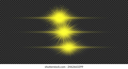 Light effect of lens flares. Three yellow horizontal glowing light starburst effects with sparkles on a grey transparent background. Vector illustration