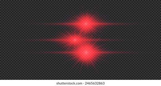 Light effect of lens flares. Three red horizontal glowing light starburst effects with sparkles on a grey transparent background. Vector illustration