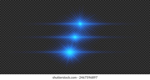 Light effect of lens flares. Three blue horizontal glowing light starburst effects with sparkles on a grey transparent background. Vector illustration
