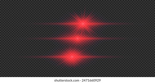 Light effect of lens flares. Three red horizontal glowing light starburst effects with sparkles on a grey transparent background. Vector illustration